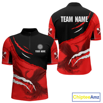 Custom Dart Team Shirt For Men With Crimson Phoenix On Black Linear Pattern NYN0277