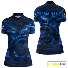 Load image into Gallery viewer, Women's Custom Darts Shirt - Cobalt Lightning Shark In Ocean With Dartboard And Arrow NYN0330