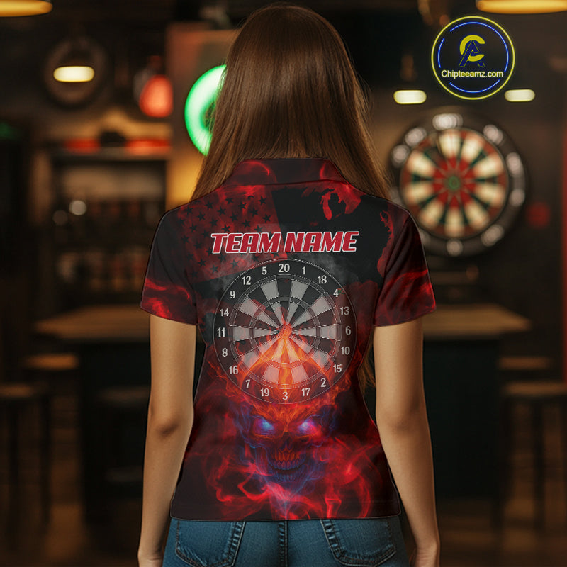 US Flag & Skull Custom Patriotic Red Dart Polo Shirts For Women, Dart Team Jerseys NYN0785