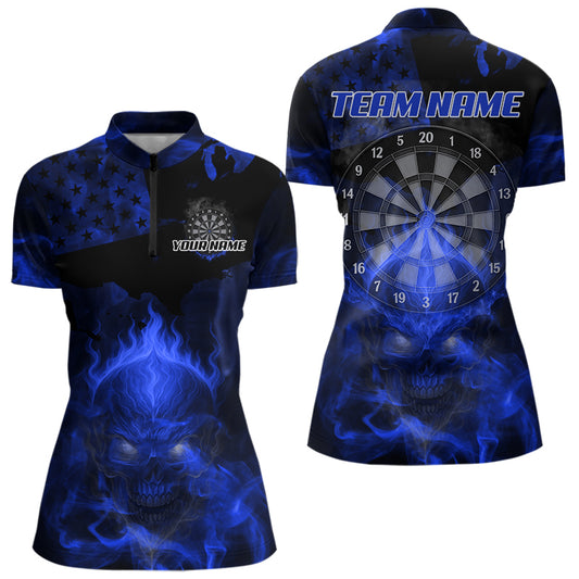 US Flag & Skull Custom Patriotic Blue Dart 1/4-Zip Shirts For Women, Dart Team Jerseys NYN0787