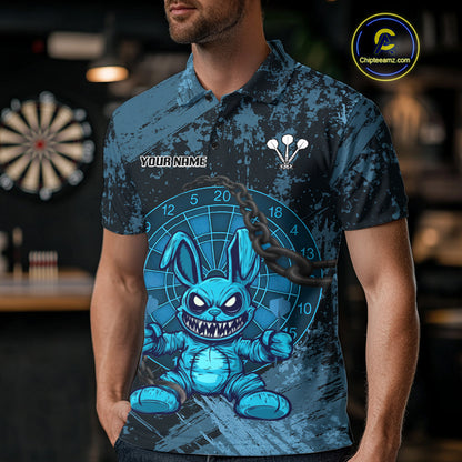 Crazy Rabbit Dartboard Arrows Grunge Darts Shirt For Men - Custom Name & Team | Opt1 - Blue NYN0628