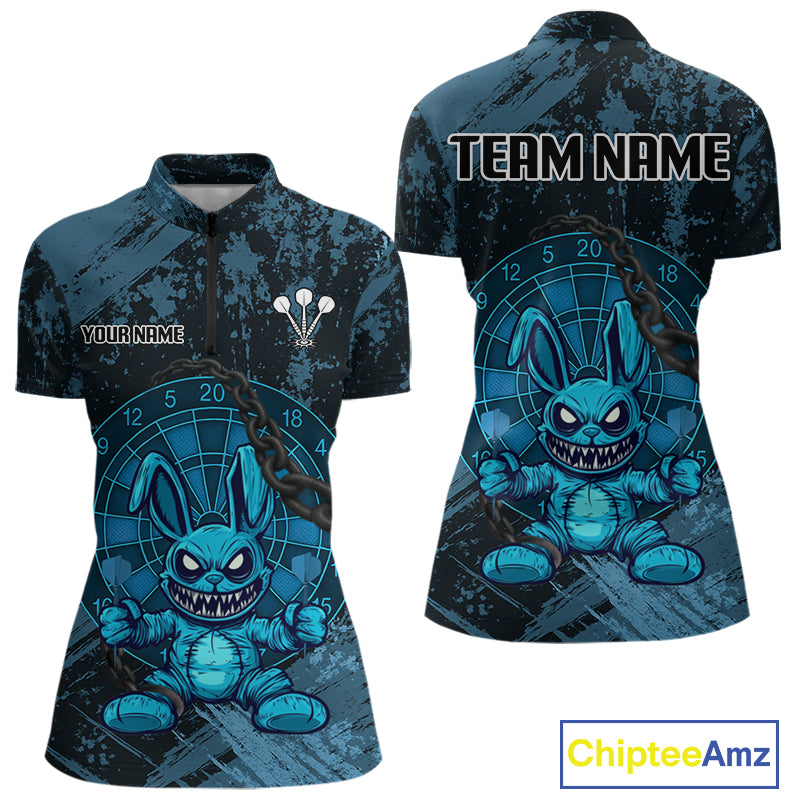 Crazy Rabbit Dartboard Arrows Grunge Darts Shirt For Women - Custom Name & Team | Opt1 - Blue NYN0628