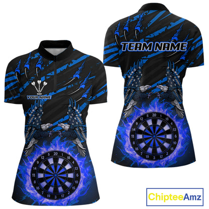 Flaming Darts & US Flag Eagle Women's Blue Darts 1/4-Zip Shirt - Custom Name For Dart Players NYN0803