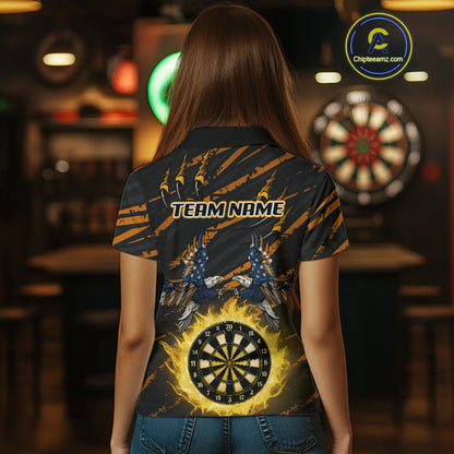Flaming Darts & US Flag Eagle Women's Yellow Darts Polo Shirt - Custom Name For Dart Players NYN0804