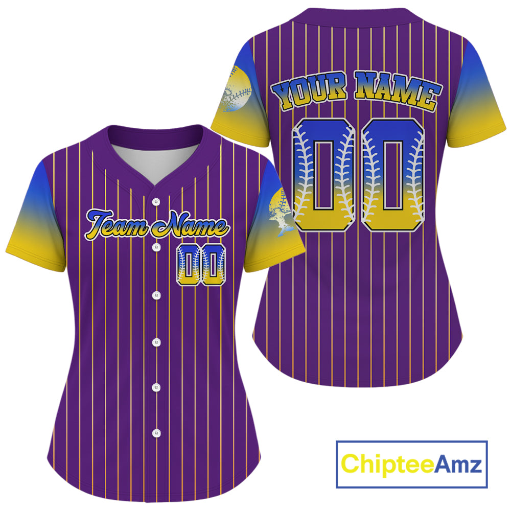 Custom Purple Pinstripe Button Up Baseball Shirt For Women Classic Youth Baseball Jerseys NYN0813