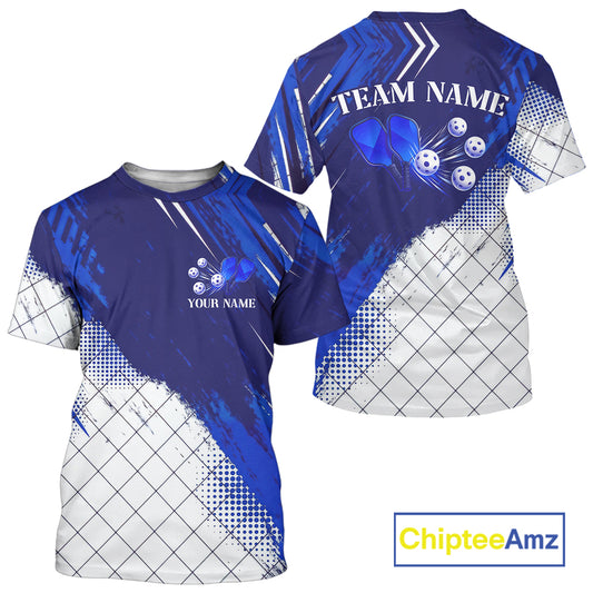 Custom White And Blue Pickleball Ball T-Shirt For Men Grunge Pickleball Team Jerseys NYN1290