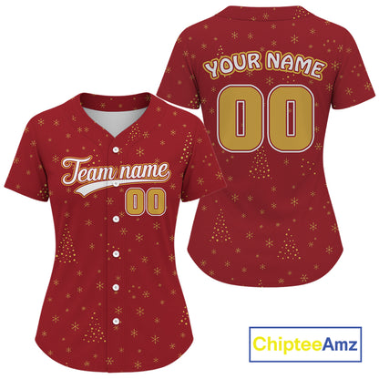 Custom Red Snowflake Xmas Baseball Jersey For Women Merry Christmas Baseball Shirt NYN1301