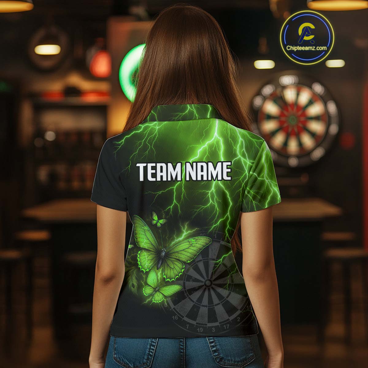 Custom Women's Polo Darts Shirt With Emerald Lightning & Glowing Butterfly, Darts Jersey NYN1021