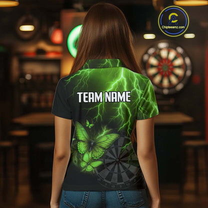 Custom Women's Polo Darts Shirt With Emerald Lightning & Glowing Butterfly, Darts Jersey NYN1021
