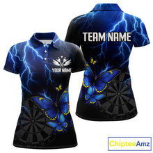 Load image into Gallery viewer, Custom Women's Polo Darts Shirt With Navy Lightning &amp; Glowing Butterfly, Darts Jersey NYN1018