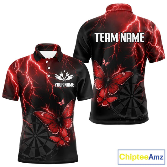 Custom Men Polo Darts Shirt With Maroon Lightning & Glowing Butterfly, Darts Jersey NYN1019