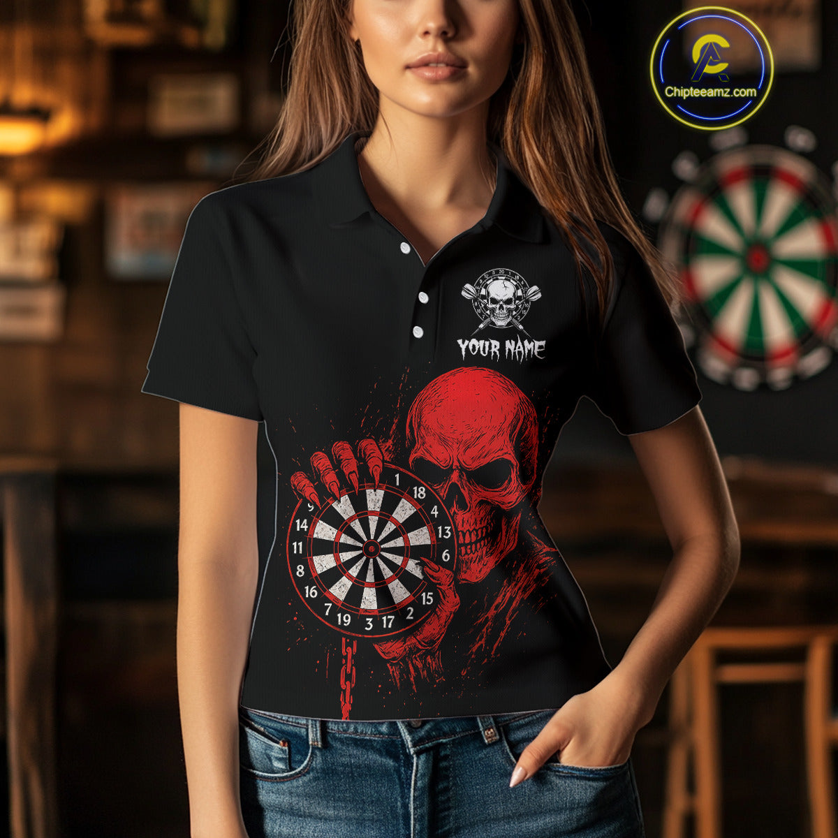 Custom Women's Darts Shirt With Blood Skull Holding Dartboard, Darts Jersey NYN0294