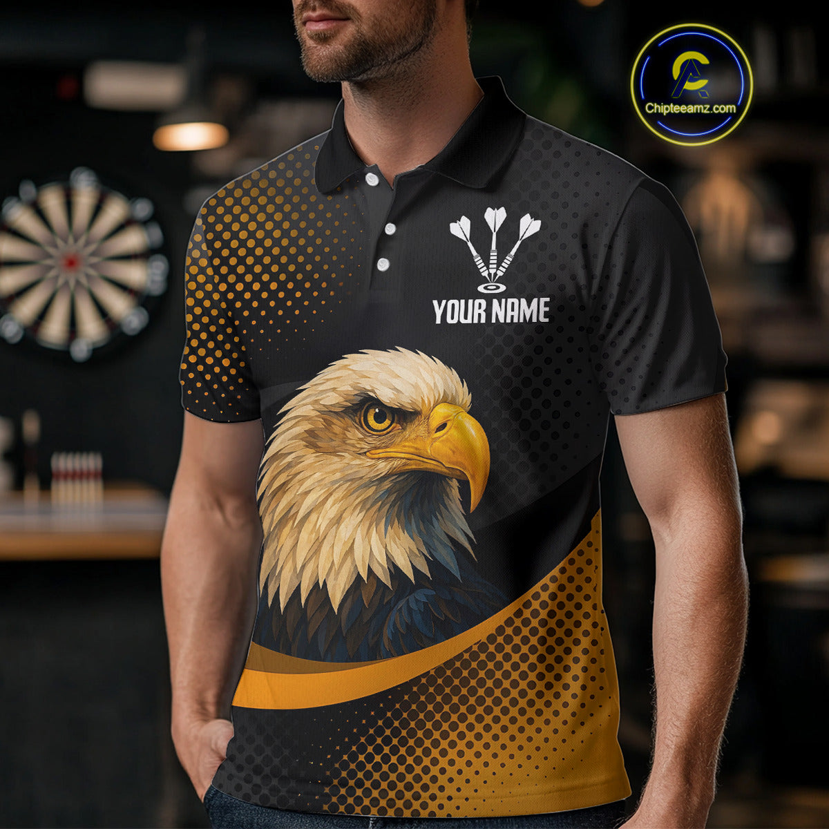 Custom Men’s Darts Shirt, Pearl Eagle With Yellow Halftone And Smoky Dartboard NYN0302