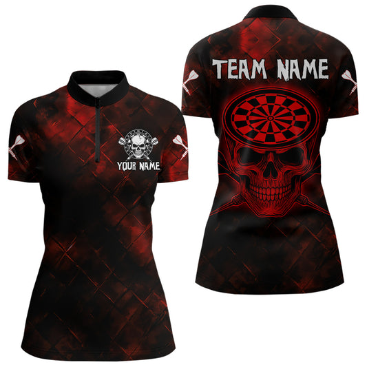Women's Custom Darts Team Shirt - Skull & Dartboard Graphic With Grunge Red Pattern NYN0320