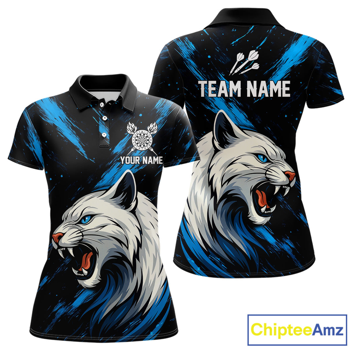 Women's Custom Darts Shirt - Ivory Panther With Dartboard & Blue Grunge Pattern NYN0331