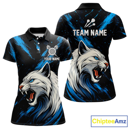 Women's Custom Darts Shirt - Ivory Panther With Dartboard & Blue Grunge Pattern NYN0331