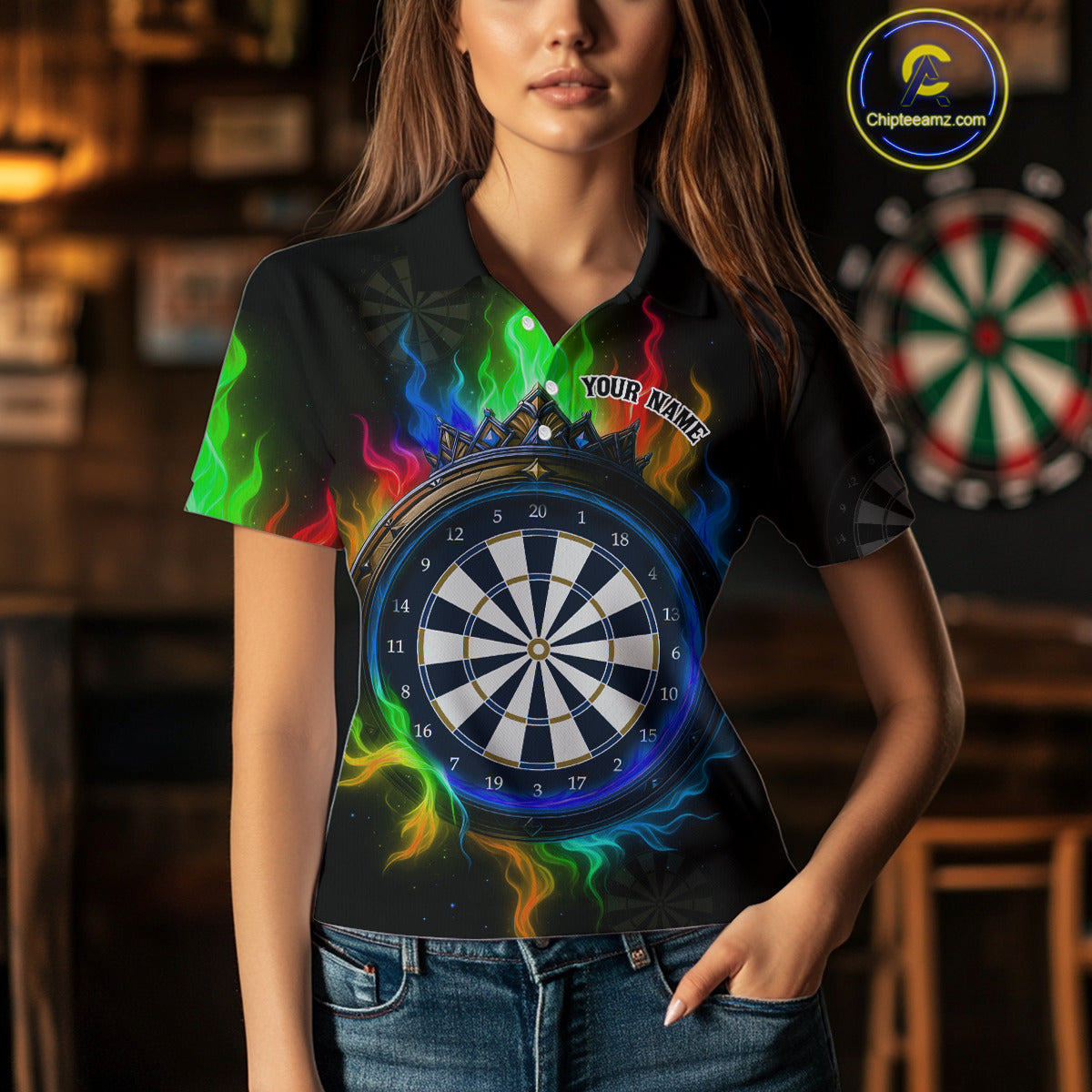 Multicolor Flaming & Blue Dartboard Darts Shirt For Wmoen - Custom Name & Team Jersey NYN0621