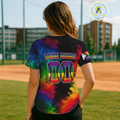 LGPT Pride Women's Black Baseball Jersey Custom Colorful Smoke Baseball Jersey For LGPTQ+ NYN0825