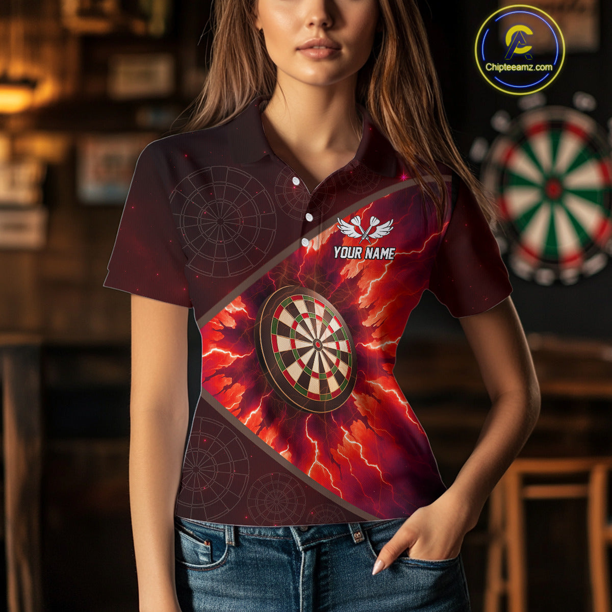 Thunder Dartboard 3D Darts Shirt For Women Custom Name & Team Jersey | Opt2 - Red NYN0643