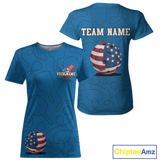 Custom Blue Patriotic Pickleball T-Shirt For Women Outfits US Flag Pickleball Jersey NYN0917