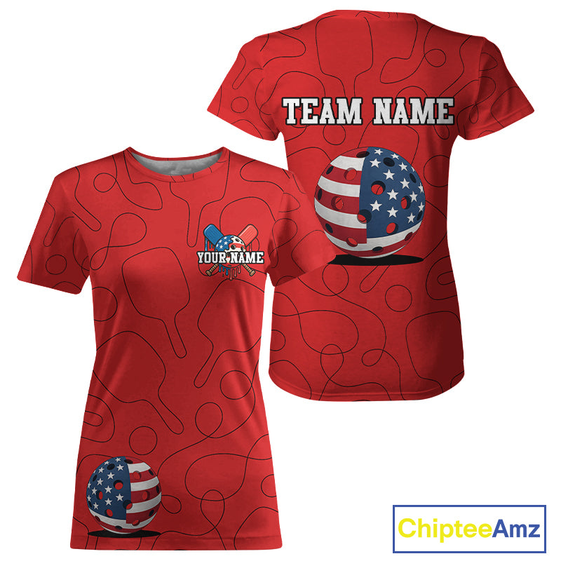 Custom Red Patriotic Pickleball T-Shirt For Women Outfits US Flag Pickleball Jersey NYN0918