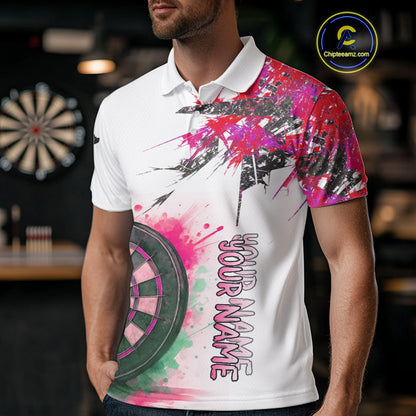 Custom Grey And Pink Splashed Dartboard Darts Polo Shirt For Men Darts Team Jerseys NYN0949