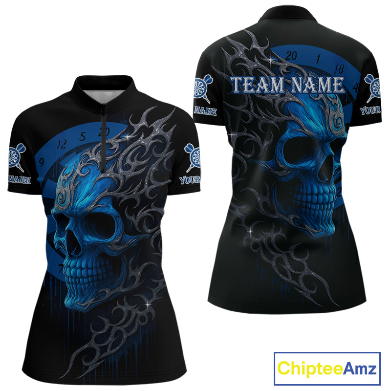 Custom Blue Skull Dartboard 1/4-Zip Dart Shirt Personalized Outfits Dart Jersey For Women NYN1316