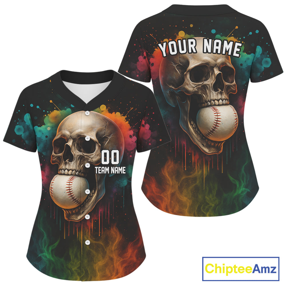 Custom Splashed Colorful Skull Baseball Shirt For Women Outfit Skull Baseball Jerseys NYN1326