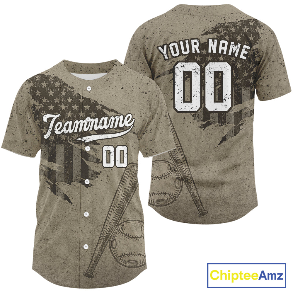 Custom US Flag Patriotic Baseball Shirt For Men Outfit Brown Grunge Baseball Jerseys NYN1327