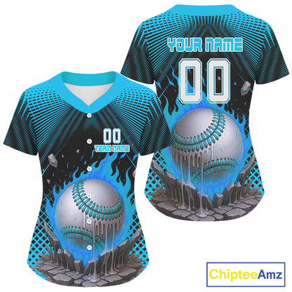 Custom Black And Blue Flames Baseball Ball Jersey For Women Baseball Tournament Team Shirt NYN0959