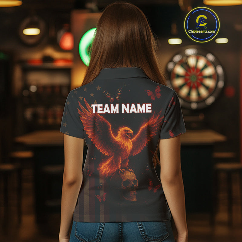 Custom US Flag Patriotic Polo Dart Shirt For Women Flame Eagle Skull Dart Jersey NYN1331