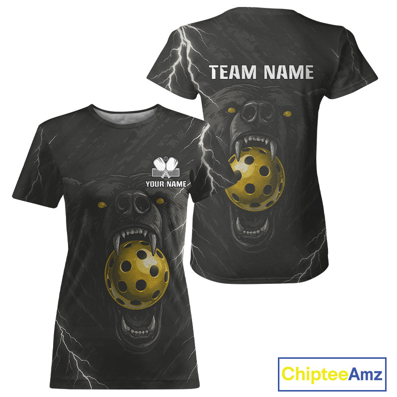 Custom Black & White Lightning Bear Pickleball T-Shirt For Women Gold Pickleball Ball Jersey NYN1345