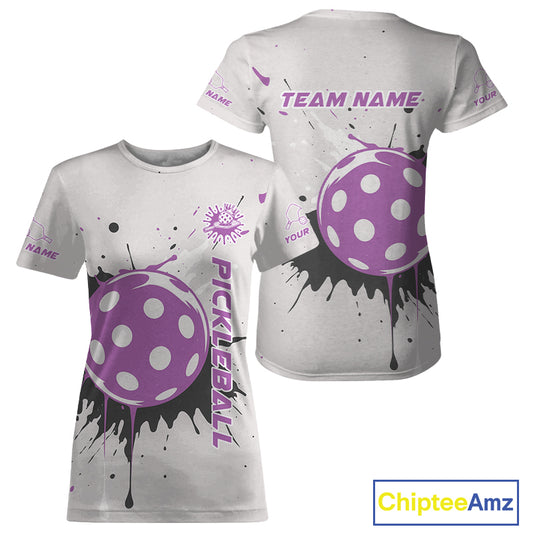 Custom Black And Purple Splashed Pickleball Ball T-Shirt For Women Outfits Pickleball Jersey NYN1374