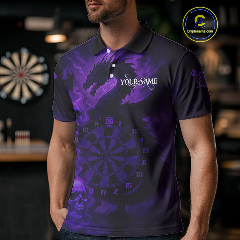 Custom Skull Dragon Purple Dartboard Men Polo & 1/4-Zip Dart Shirt, Darts Team Jerseys NYN1090