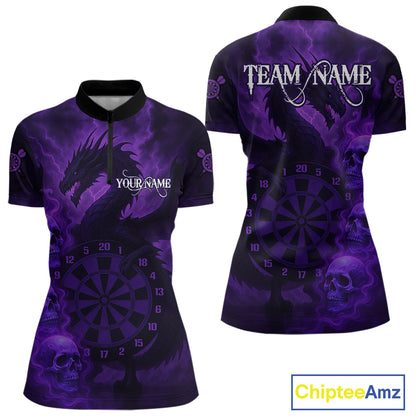 Custom Skull Dragon Purple Dartboard Women Polo & 1/4-Zip Dart Shirt, Darts Team Jerseys NYN1090