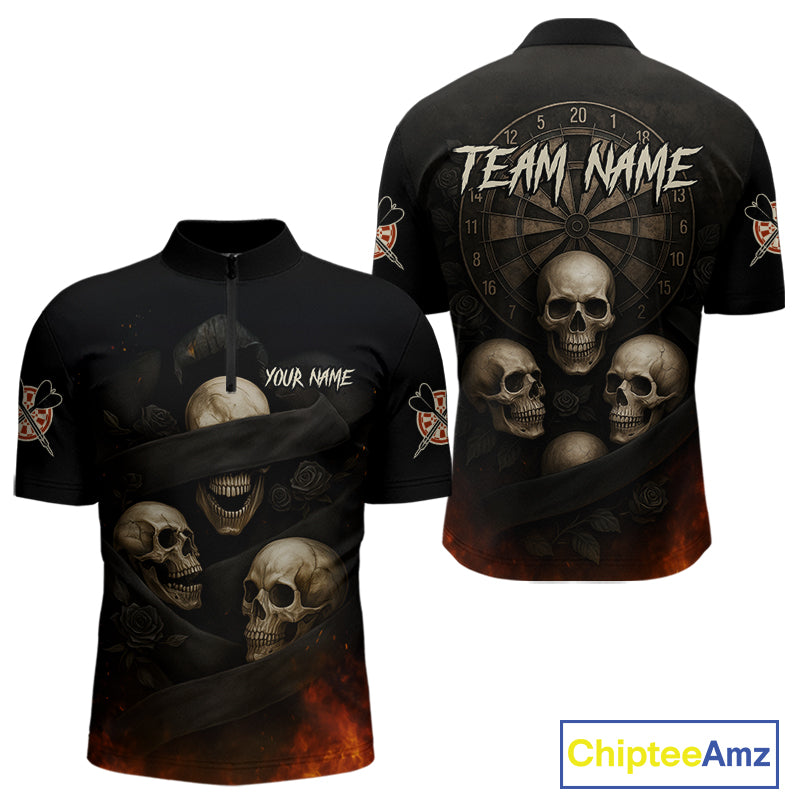 Custom Flames Grunge Roses Black Skull Dart Men 1/4-Zip Shirt Outfits Dart Jerseys NYN1559