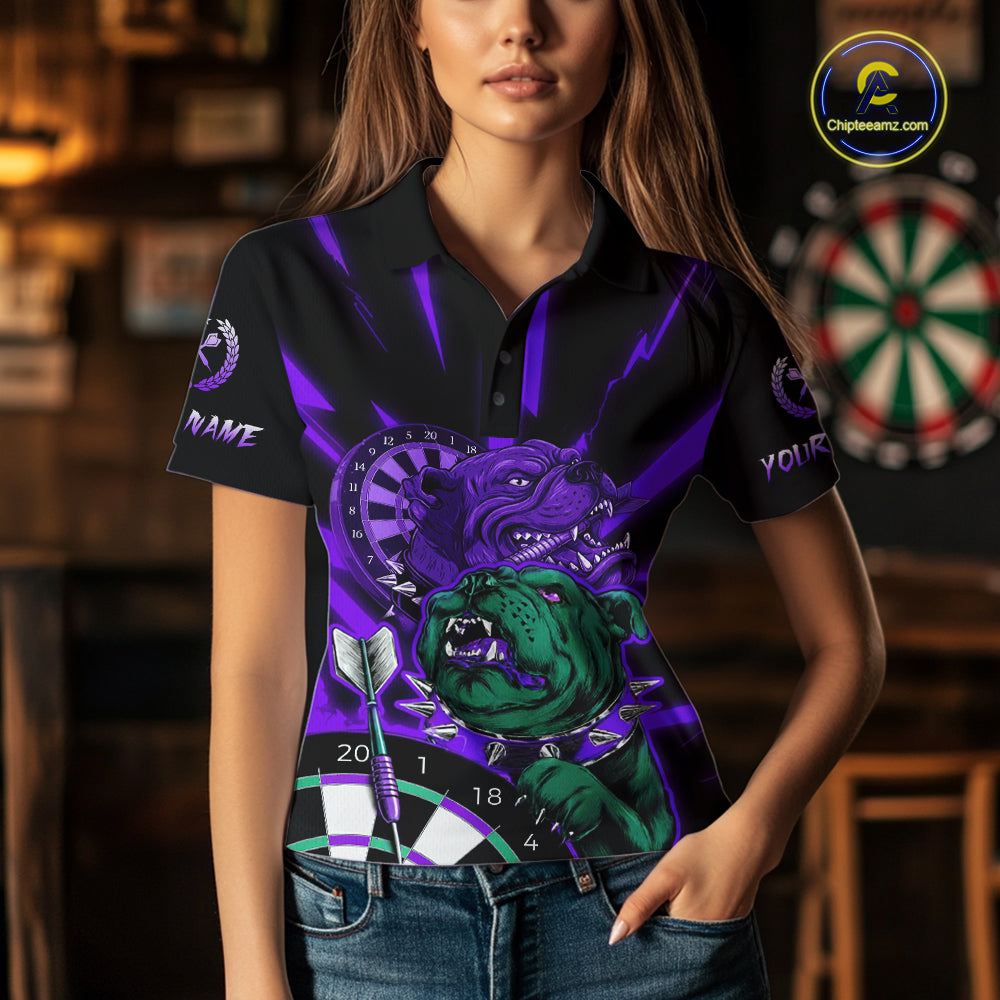Custom Purple Neon Fierce Bulldog Thunder Women Darts Polo Shirt Funny Dart League Jerseys NYN2126