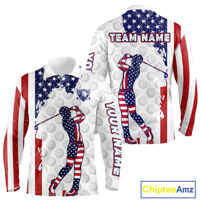 Custom Patriotic Golf Polo Shirts, Grunge US Flag Golf Ball White Men Best Golf Clothing Shirts NYN2991