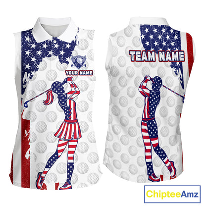Custom Patriotic Golf Sleeveless Polo Shirts, Grunge US Flag Golf Ball White Women Best Golf Clothing Shirts NYN2991