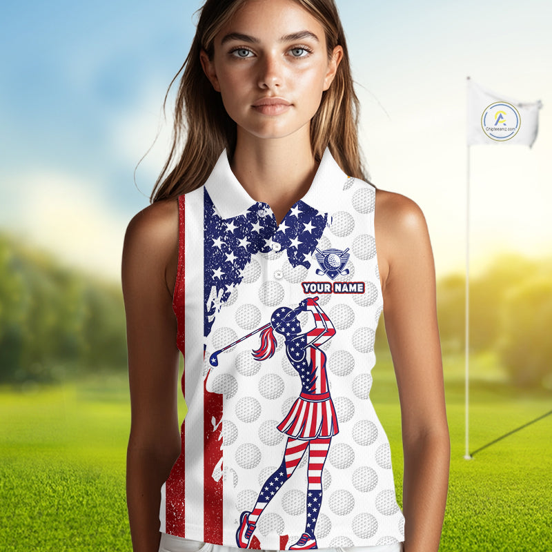 Custom Patriotic Golf Sleeveless Polo Shirts, Grunge US Flag Golf Ball White Women Best Golf Clothing Shirts NYN2991