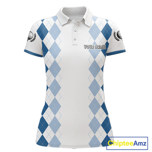 Womens Argyle Pattern Golf Polo Shirts, Blue Argyle Golf Attire Custom Golf Clubs Pattern Upf Shirts NYN2999
