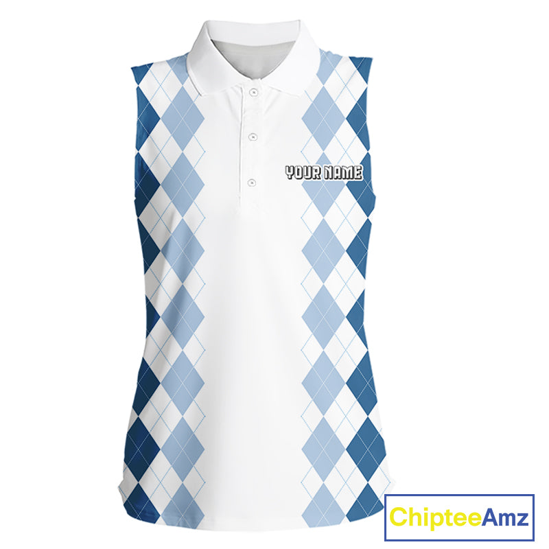 Womens Argyle Pattern Golf Sleeveless Polo Shirts, Blue Argyle Golf Attire Custom Golf Clubs Pattern Upf Shirts NYN2999