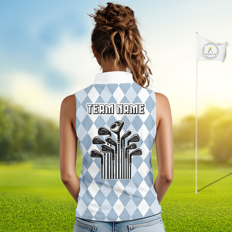 Womens Argyle Pattern Golf Sleeveless Polo Shirts, Blue Argyle Golf Attire Custom Golf Clubs Pattern Upf Shirts NYN2999