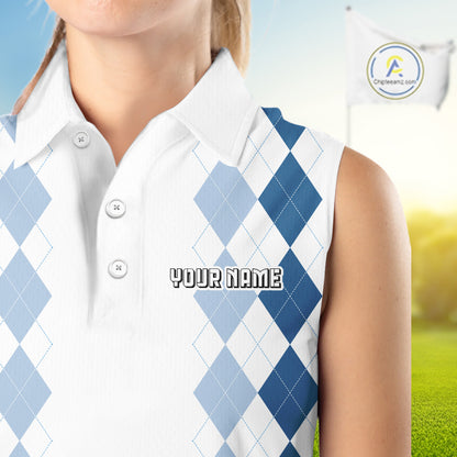 Womens Argyle Pattern Golf Sleeveless Polo Shirts, Blue Argyle Golf Attire Custom Golf Clubs Pattern Upf Shirts NYN2999