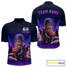 Load image into Gallery viewer, Whisky Cat Funny Bowling Shirt For Men Custom Neon Bowling Polo Quarter Zip Jersey