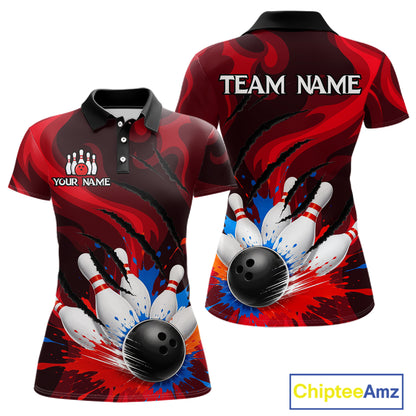 Colorful Splatter Bowling Ball And Pins Shirt For Women Black Red Team Jersey