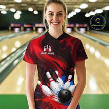 Load image into Gallery viewer, Custom Womens Bowling Colorful Splatter Pin &amp; Ball Shirts, Black &amp; Red Bowling Team Jerseys NYN3420