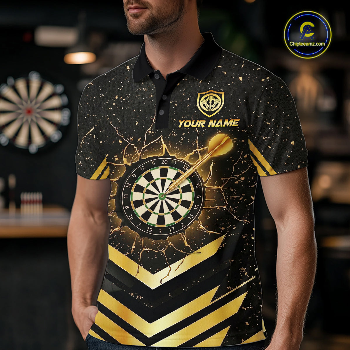 Black And Gold Dartboard Men Dart Polo & 1/4-Zip Shirt Custom Cracked Dart Jersey For Darters NYN3002