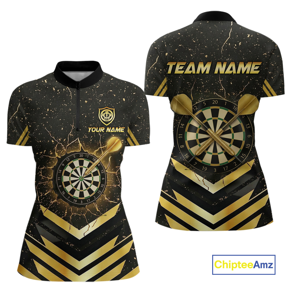 Black And Gold Dartboard Women Dart Polo & 1/4-Zip Shirt Custom Cracked Dart Jersey For Darters NYN3002