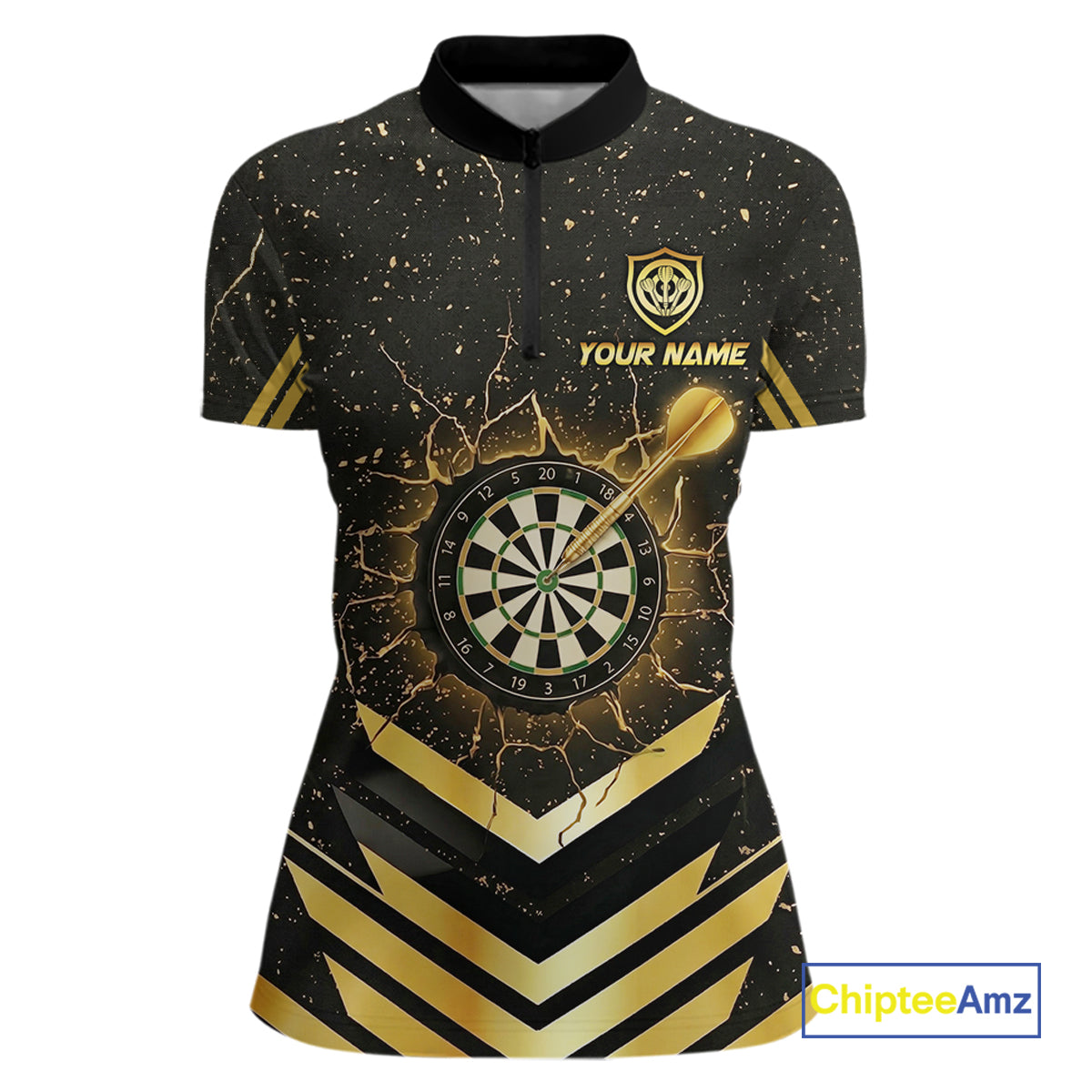 Black And Gold Dartboard Women Dart Polo & 1/4-Zip Shirt Custom Cracked Dart Jersey For Darters NYN3002